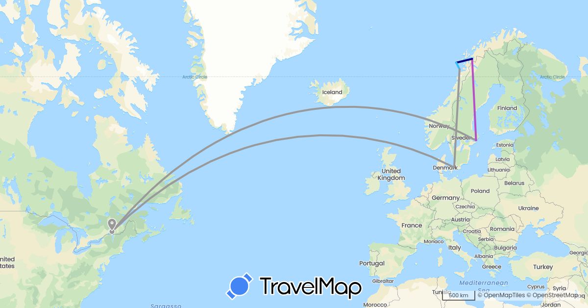 TravelMap itinerary: driving, plane, train, boat in Canada, Denmark, Norway, Sweden (Europe, North America)